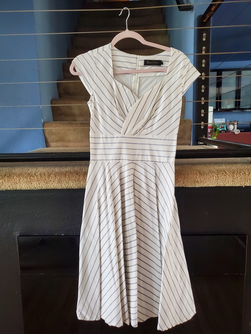 Cap-Sleeve Striped White Midi Dress by Dana Buchman